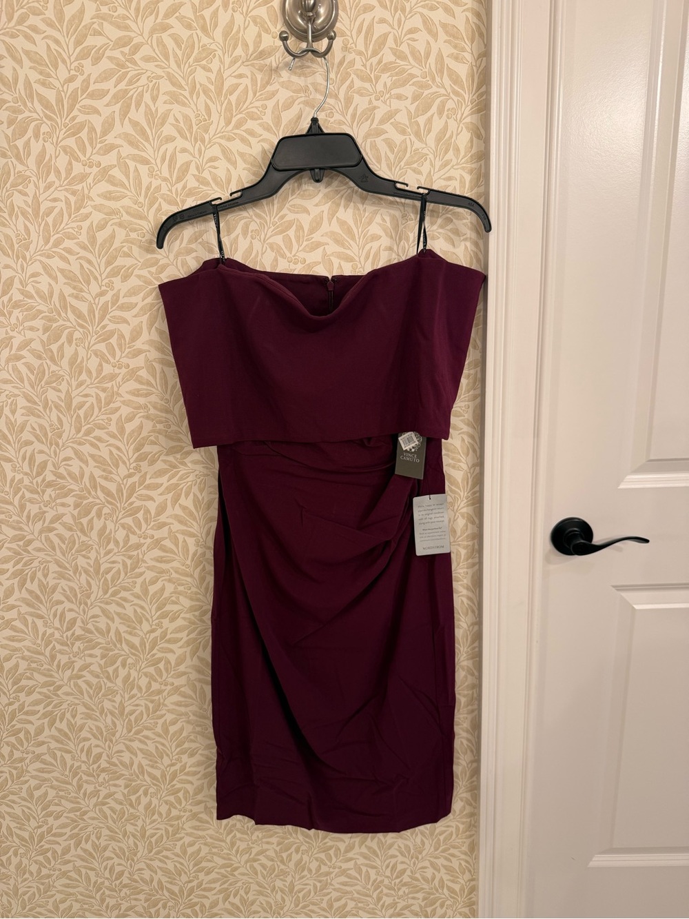 Vince Camuto Strapless Fold-Over Ruched Dress in Wine